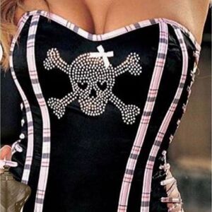 Intimate Attitudes Skull and Cross Bone Black Pink Plaid  Corset Lingerie